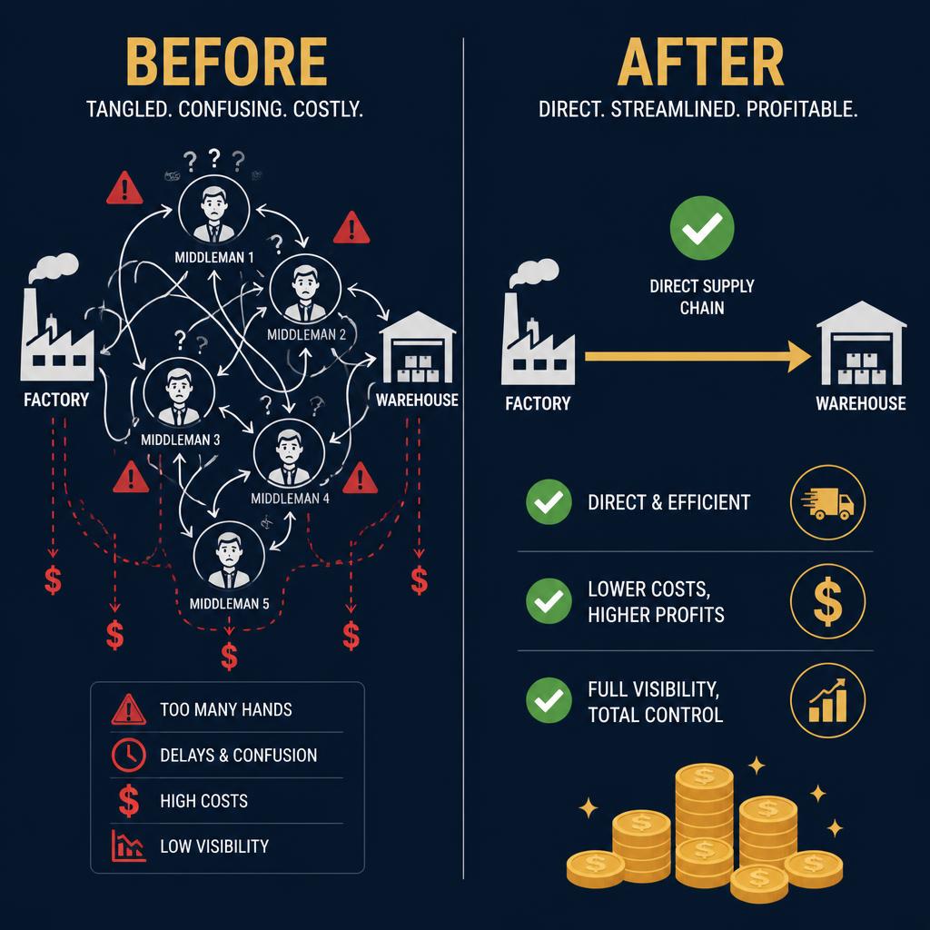 Before and after: tangled middleman chain vs direct factory-to-warehouse